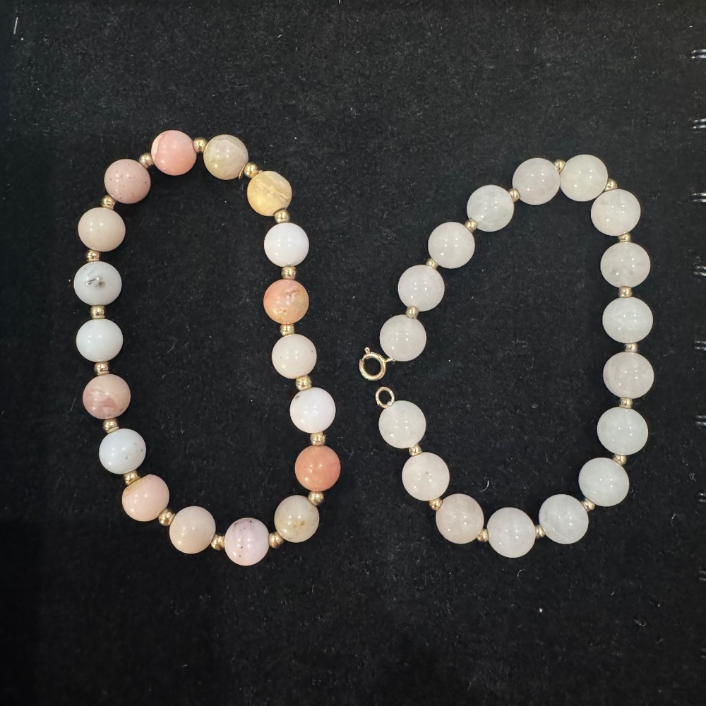 Two 14k gold Natural Pink Opal and Pink Jade beaded bracelets